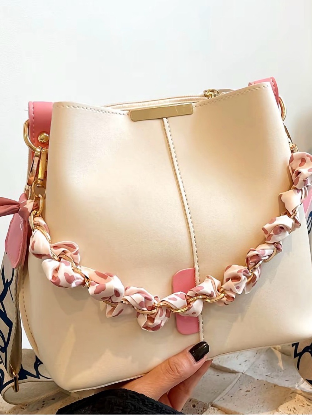 Beige and Pink Women’s Shoulder Bag with Braided Scarf Detail